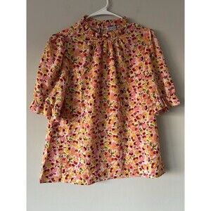 Miss Sparkling Boho Floral Ruffle Short Sleeve Frill Mock Neck Blouse Size Small